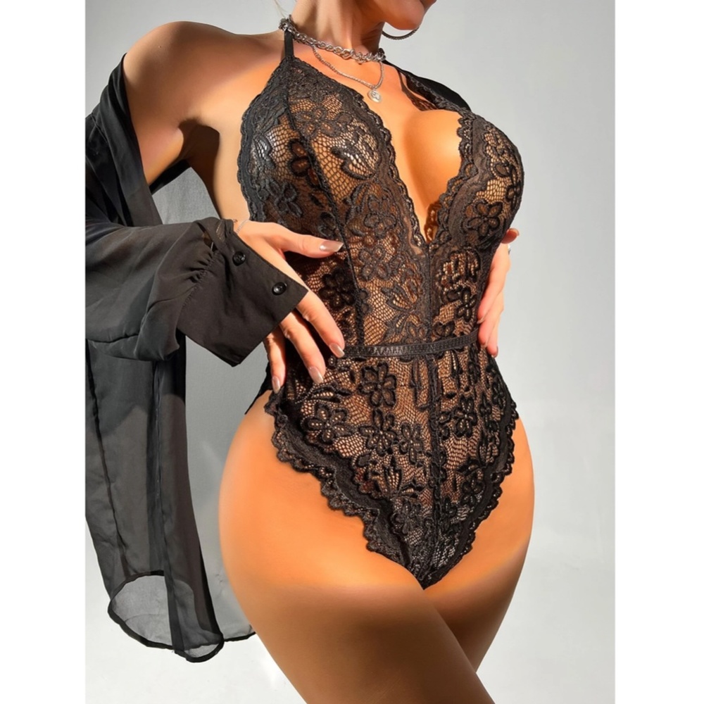 Plunging V Black Lace Strappy Backless Teddy - Picture 2 of 16